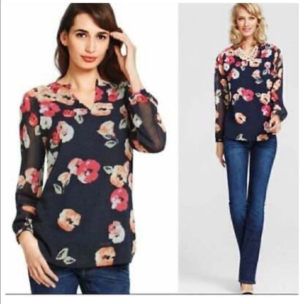 CAbi | Poppy Blouse 971 Women’s Tunic V Neck Top Navy Blue Pink Floral | S